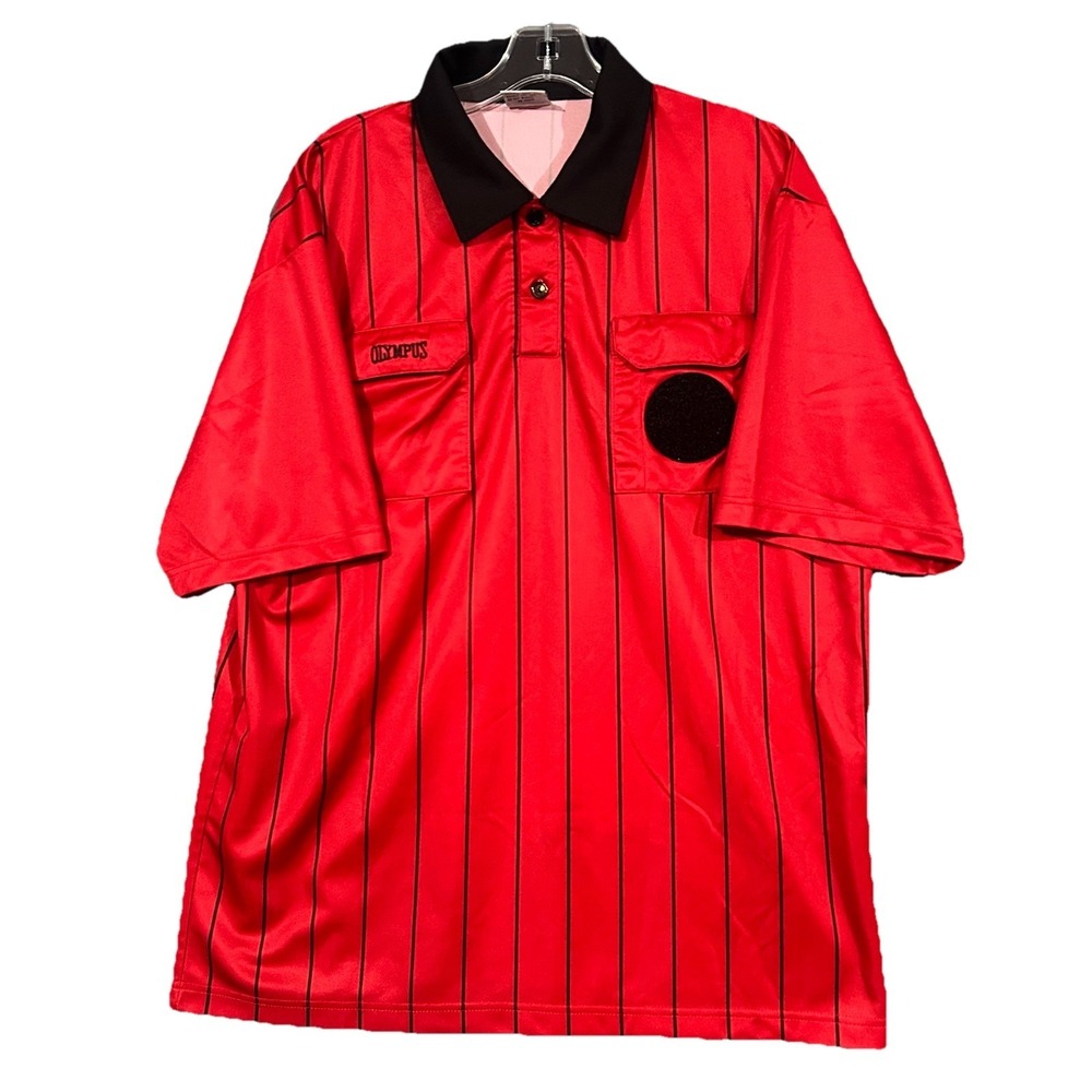 Olympus  Soccer Referee Polo Shirt Red Black Striped Front Pockets Taiwan Size L